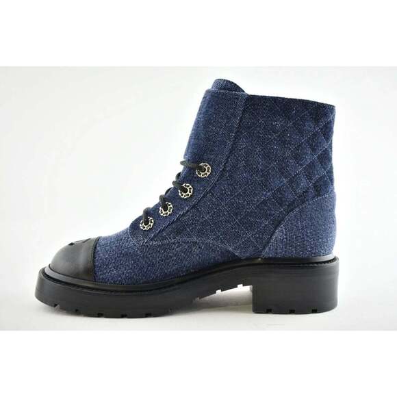 Chanel 21A Blue Black Quilted CC Chain Combat Lace Up Tie Ankle Short Boots 38 - Picture 9 of 12